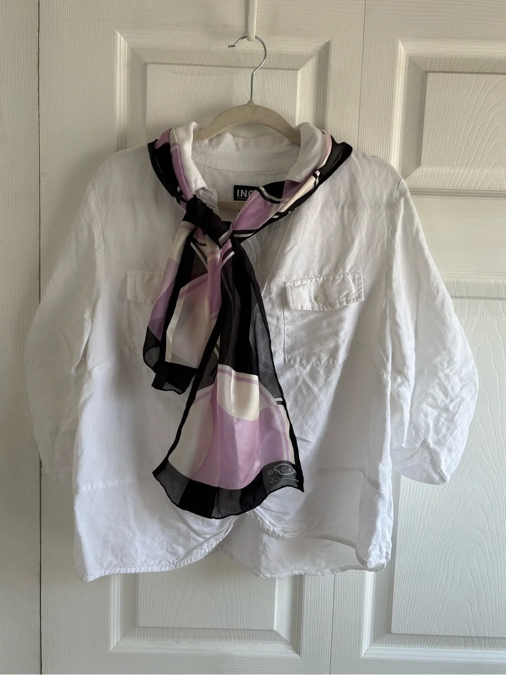 VNTG Oscar De La Renta Sheer Silk Scarf Purple White Black Artsy Career Teacher